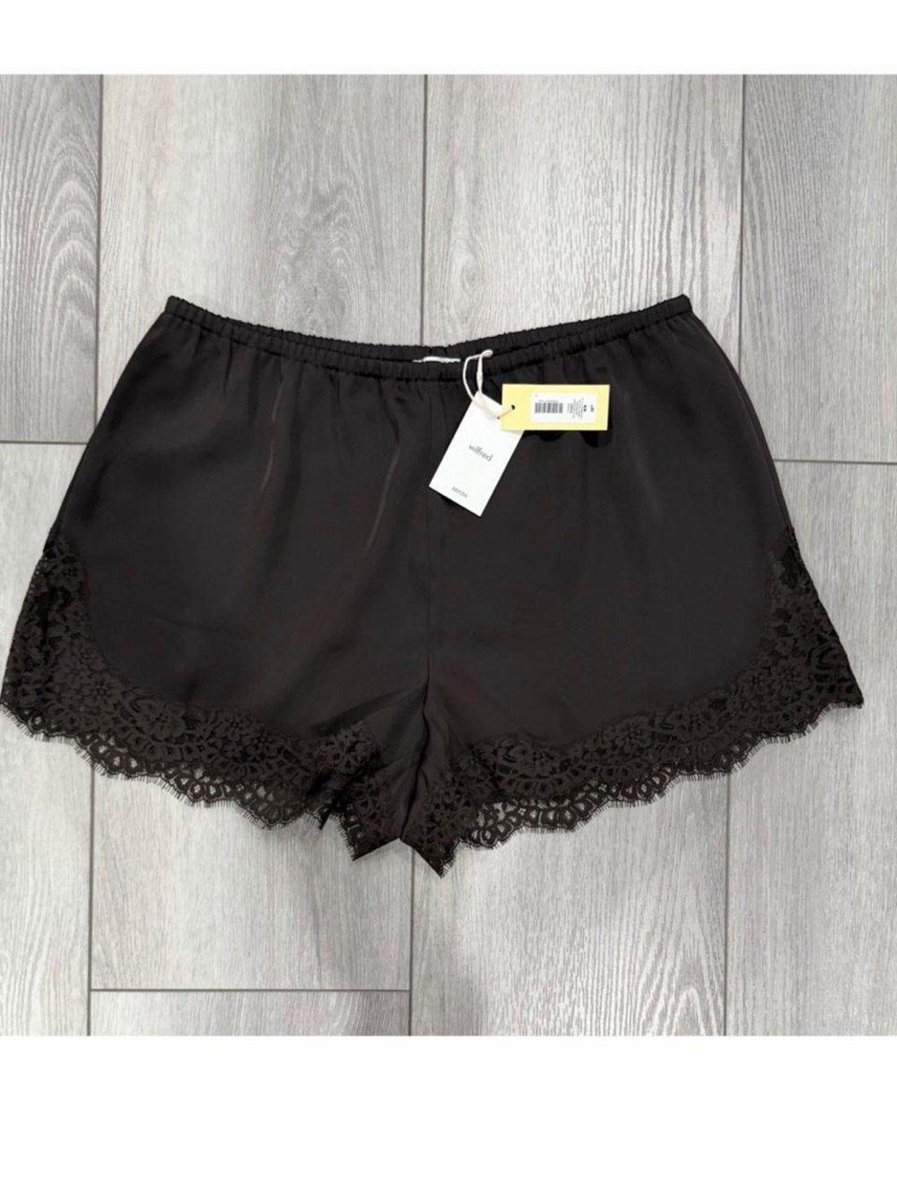 Aritzia Whimsy Satin Short in Dark Brown. Double Satin Short with Lace Trim.